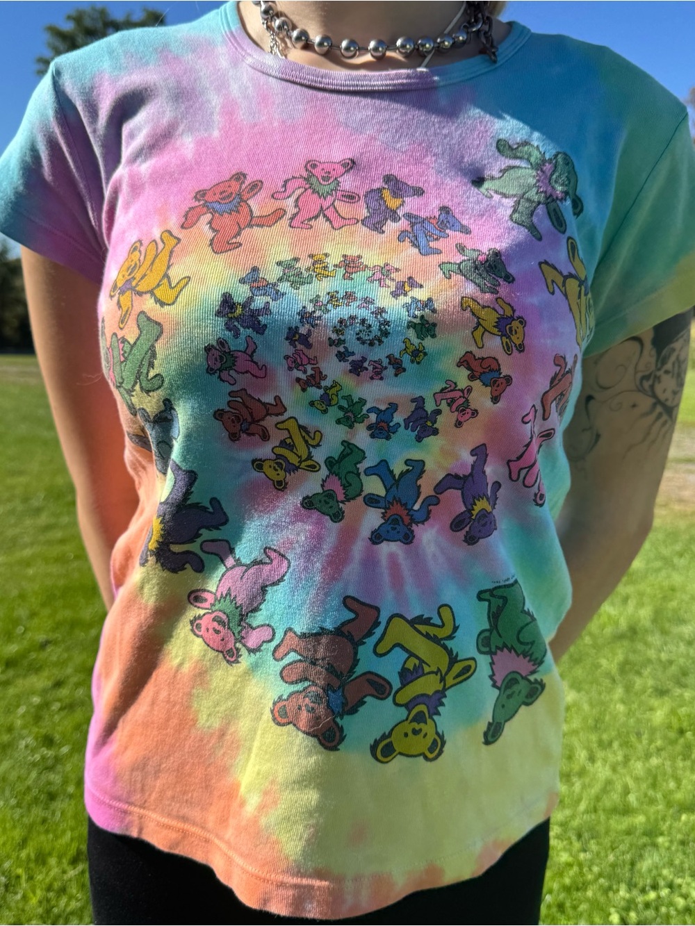 VTG 1997 Grateful Dead Spiral Bears Baby Tee L Liquid Blue Tie Dye Women’s